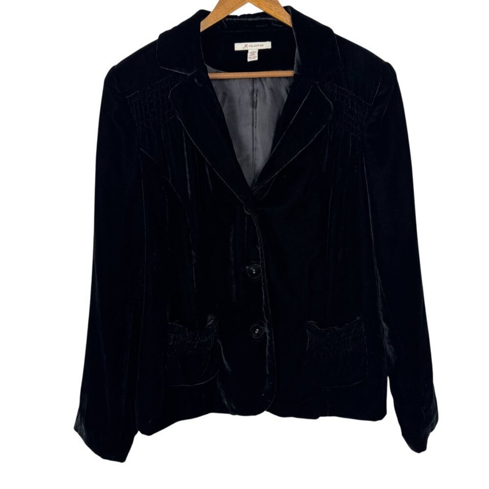JM Collection Black Velvet Three Button Lined Blazer Pockets Women's Size 16 EUC
